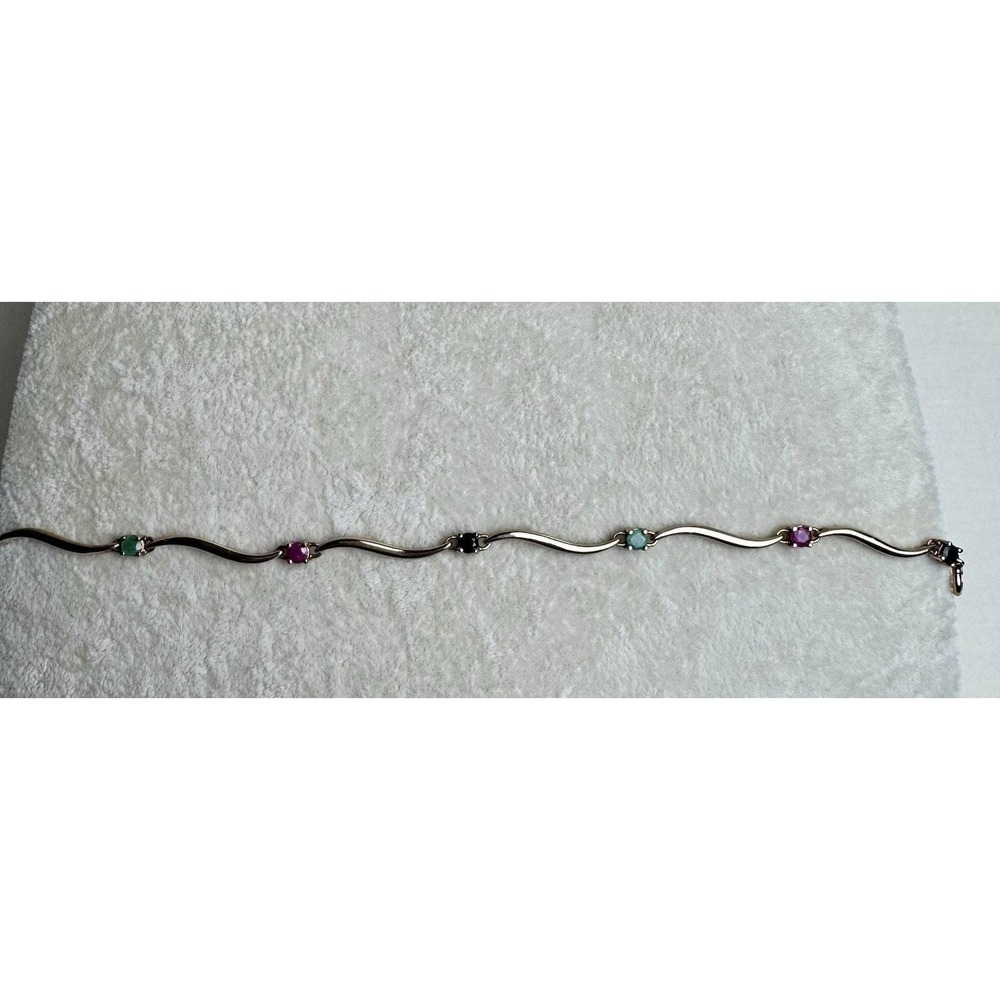 Yellow Gold Vermeil 925 Bracelet Wave Panel Multicolor Gemstone 7.25" Tennis - Picture 12 of 14